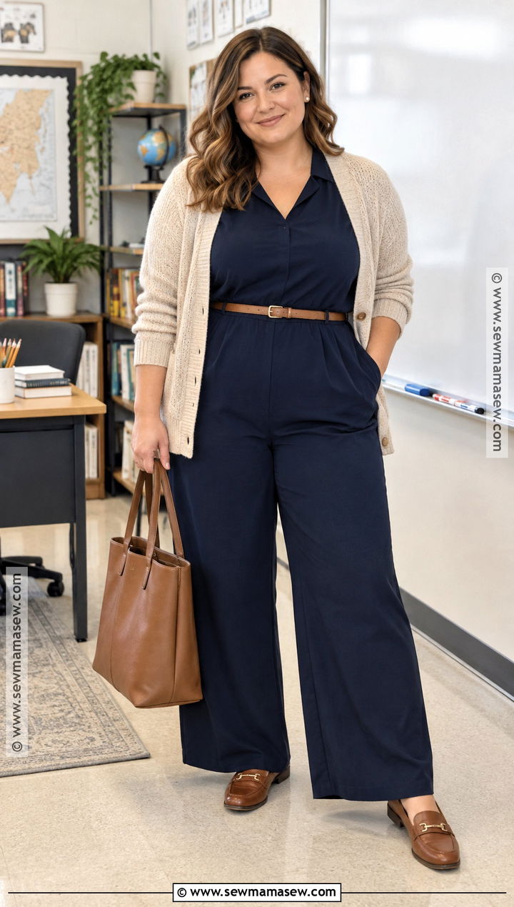 High School Teacher Jumpsuit and Cardigan Outfit - 15 teacher outfits high school fall
