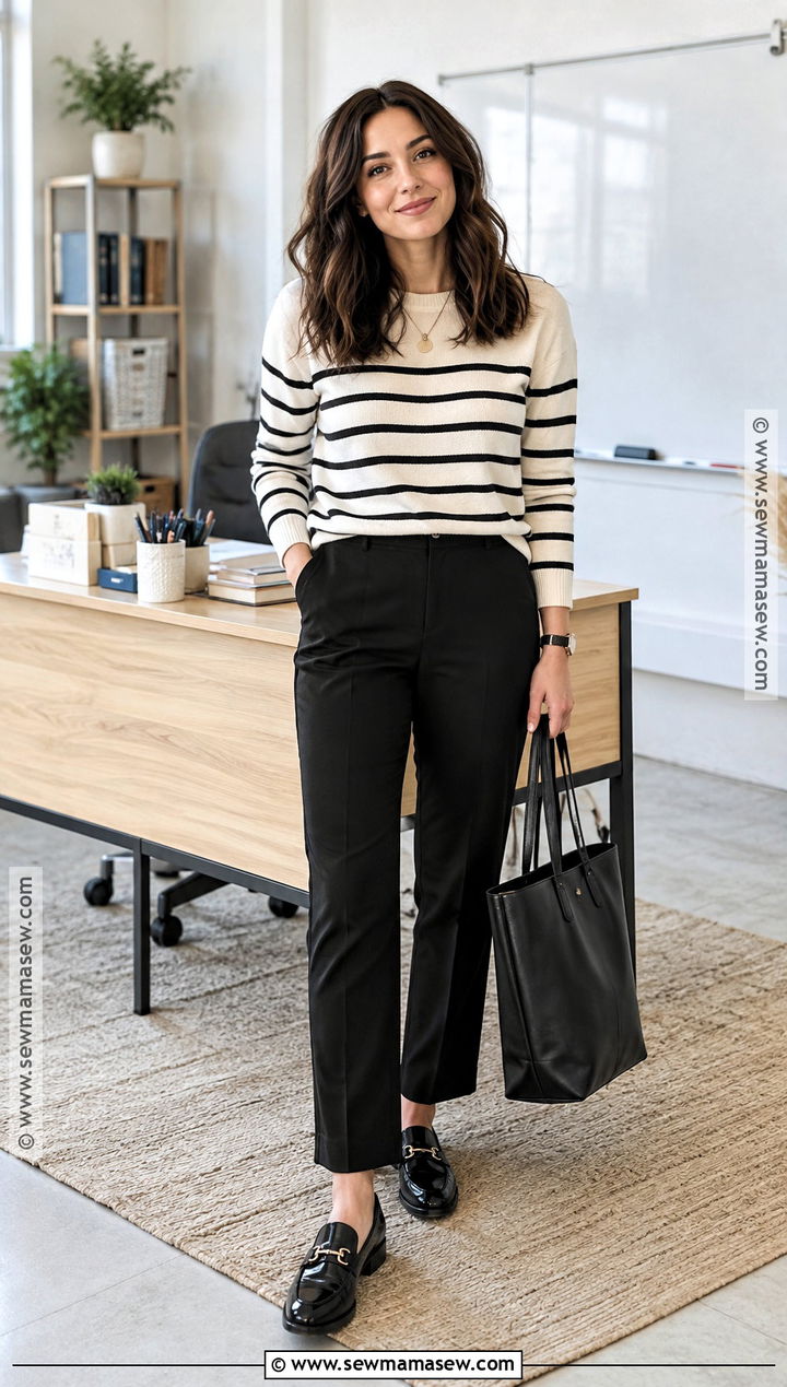 High School Teacher Striped Sweater and Ponte Pant Outfit - 15 teacher outfits high school fall