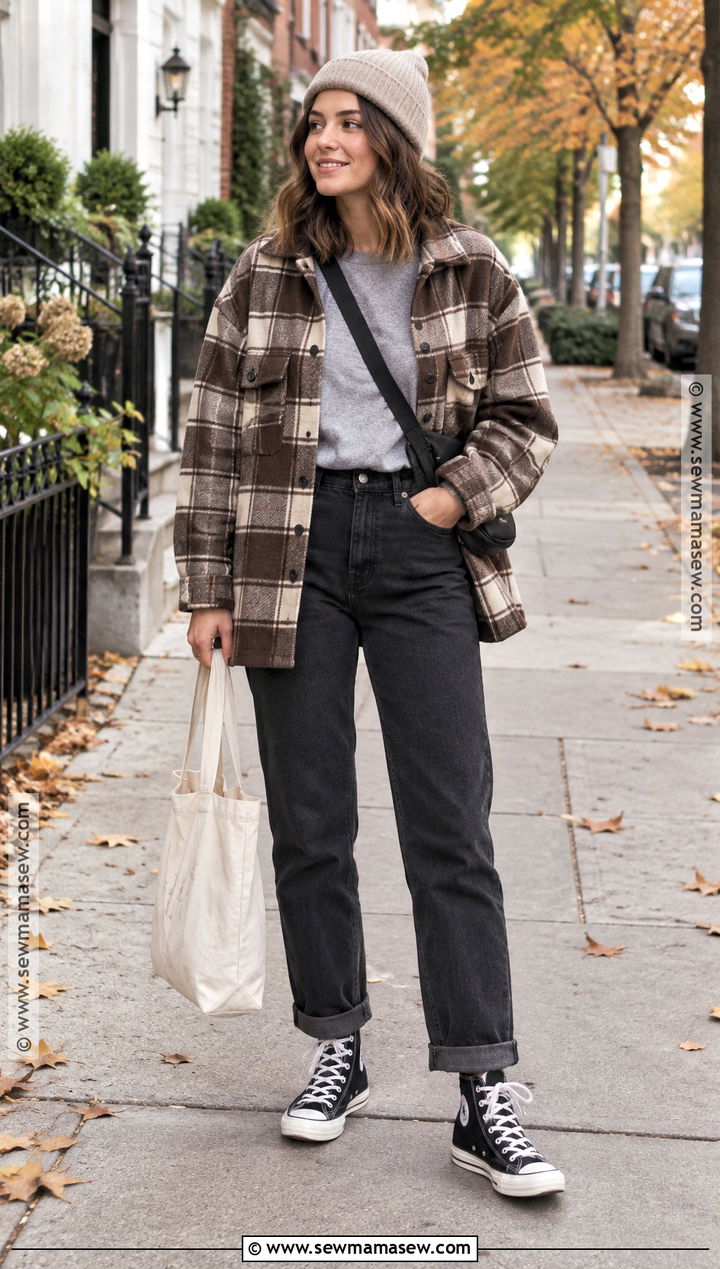 High Top Converse With Black Jeans and Plaid Shacket - 15 Hightop Converse Outfit Fall Ideas