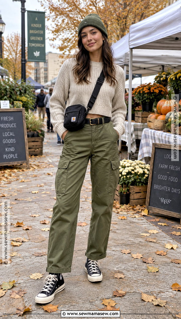 High Top Converse With Cargo Pants and Cropped Sweater - 15 Hightop Converse Outfit Fall Ideas