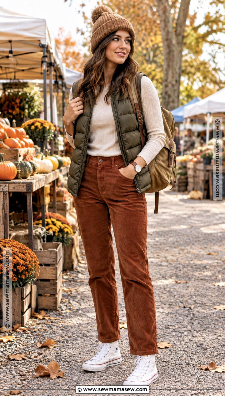 High Top Converse With Corduroy Pants and Puffer Vest - 15 Hightop Converse Outfit Fall Ideas