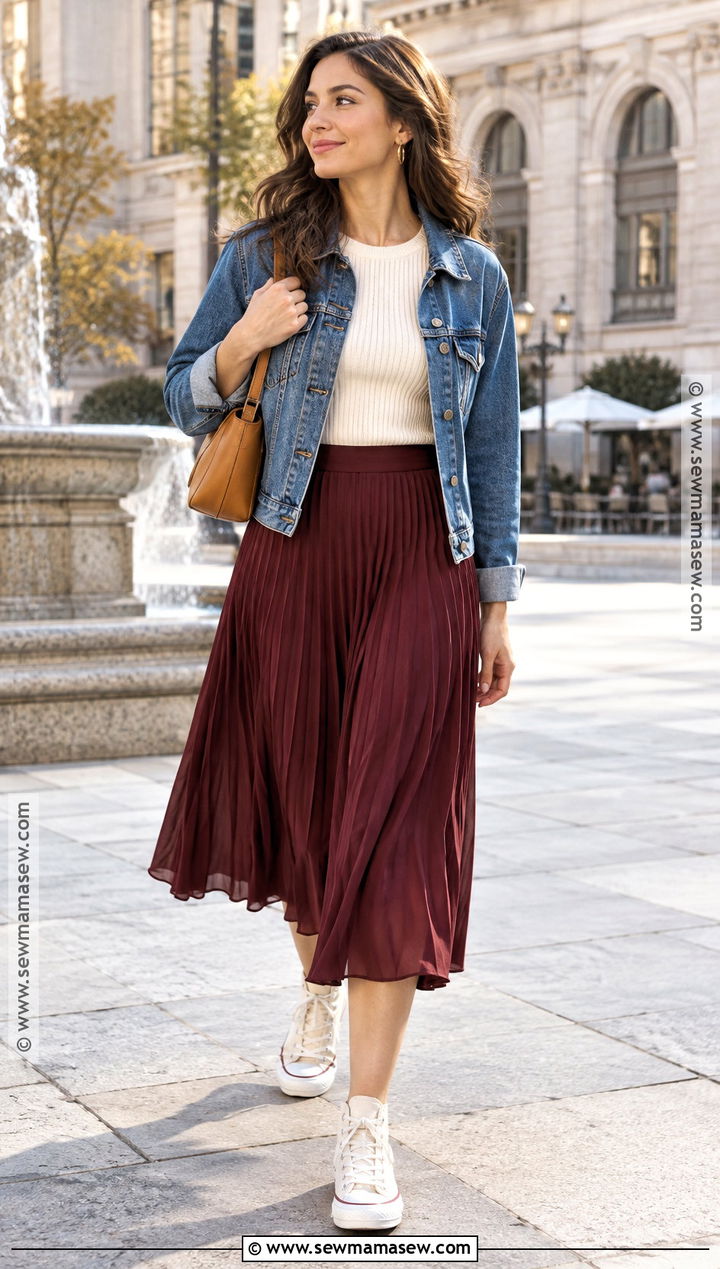 High Top Converse With Midi Skirt and Denim Jacket - 15 Hightop Converse Outfit Fall Ideas