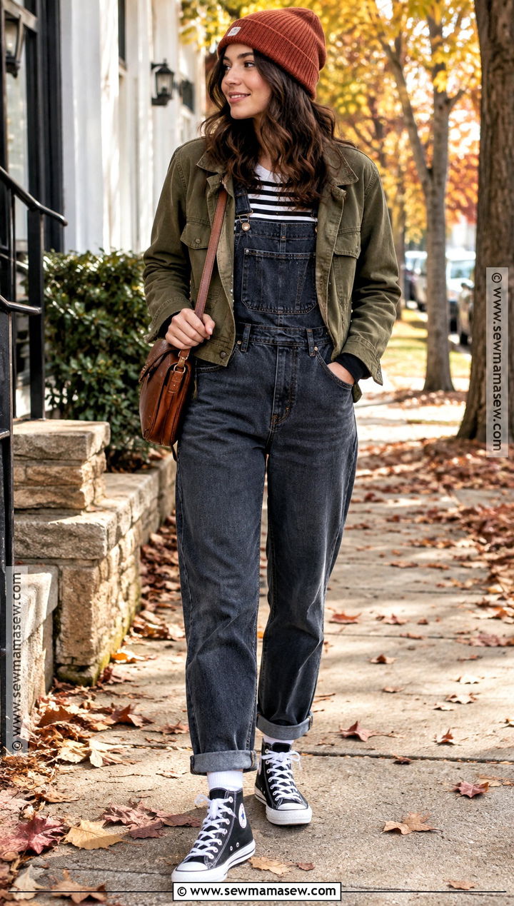 High Top Converse With Overalls and Striped Long Sleeve Tee - 15 Hightop Converse Outfit Fall Ideas