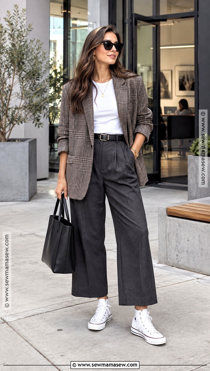High Top Converse With Wide Leg Trousers and Blazer - 15 Hightop Converse Outfit Fall Ideas