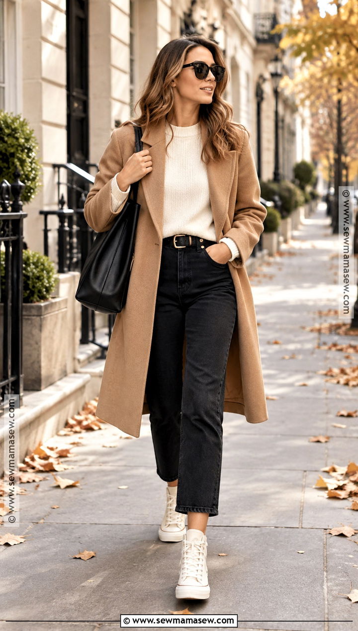 High Top Sneakers With Black Jeans and Camel Coat - 15 High-Top Sneakers Fall Style
