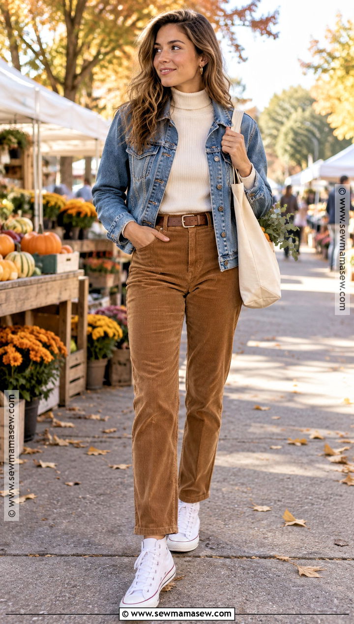 High Top Sneakers With Corduroy Pants and Denim Jacket - 15 High-Top Sneakers Fall Style