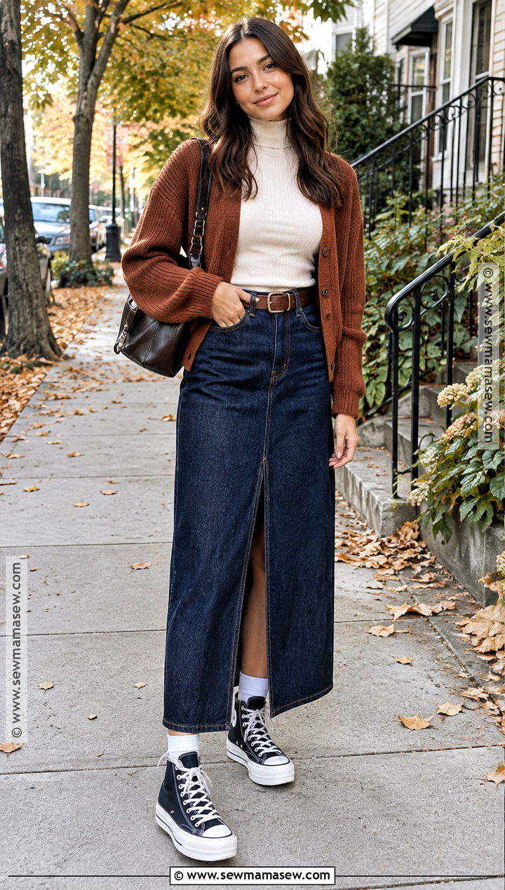 High Top Sneakers With Denim Maxi Skirt and Cardigan - 15 High-Top Sneakers Fall Style