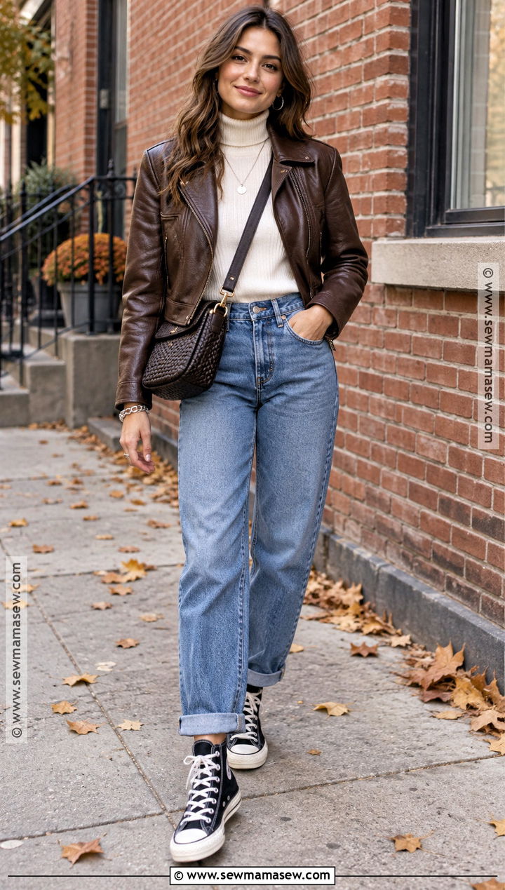 High Top Sneakers With Leather Jacket And Relaxed Jeans - 15 Fall Fashion Sneaker Ideas