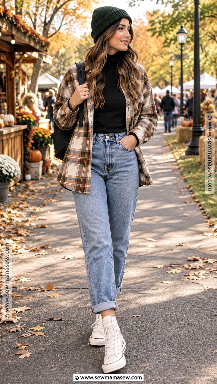High Top Sneakers With Mom Jeans And Shacket - 15 Casual Fall Sneaker Outfits