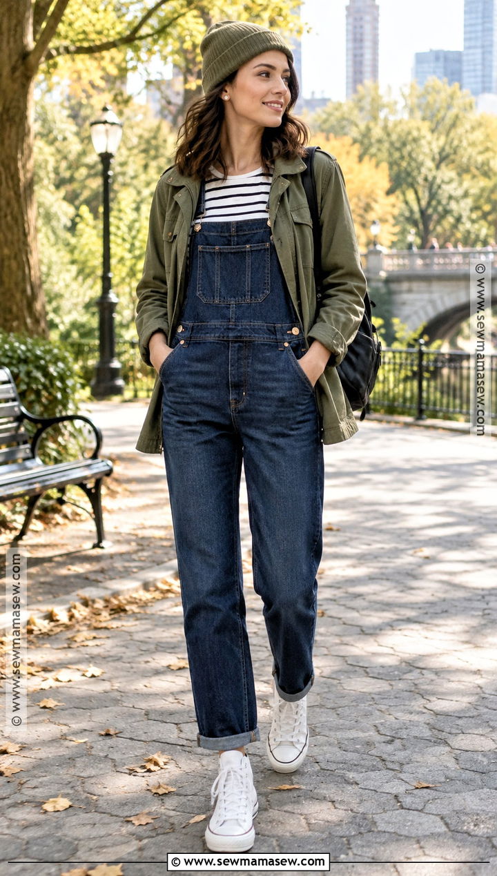 High Top Sneakers With Overalls and Striped Shirt - 15 High-Top Sneakers Fall Style