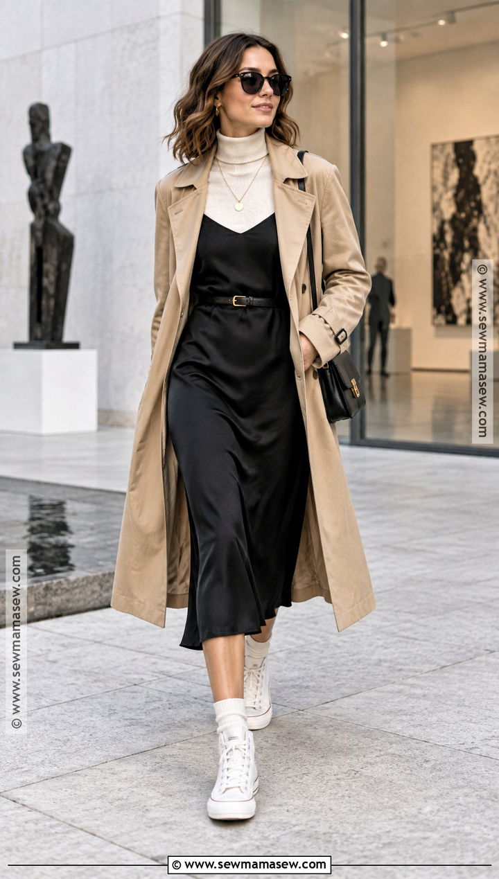 High Top Sneakers With Slip Dress and Trench Coat - 15 High-Top Sneakers Fall Style