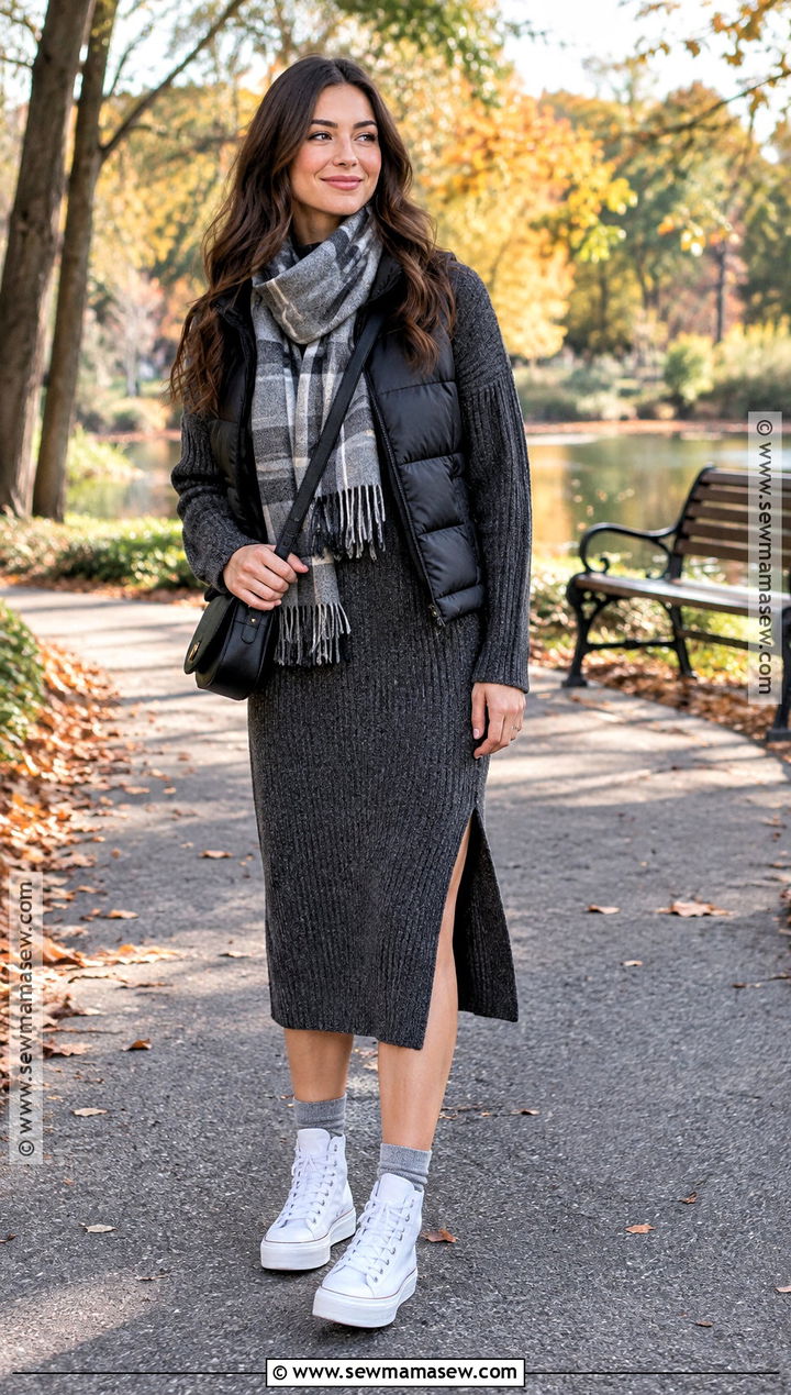 High Top Sneakers With Sweater Dress and Puffer Vest - 15 High-Top Sneakers Fall Style