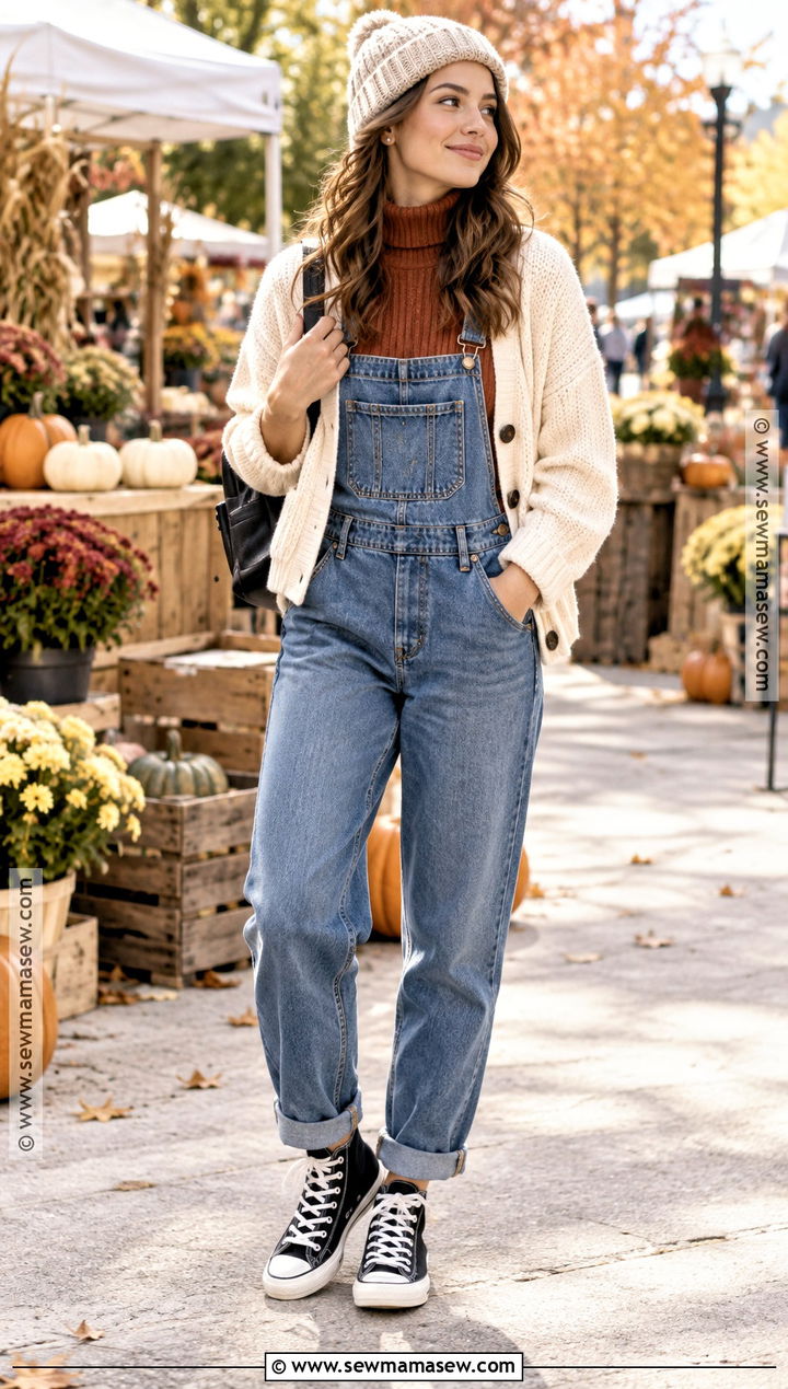 High Top Tennis Shoes With Denim Overalls And Turtleneck - 15 tennis shoes outfit fall