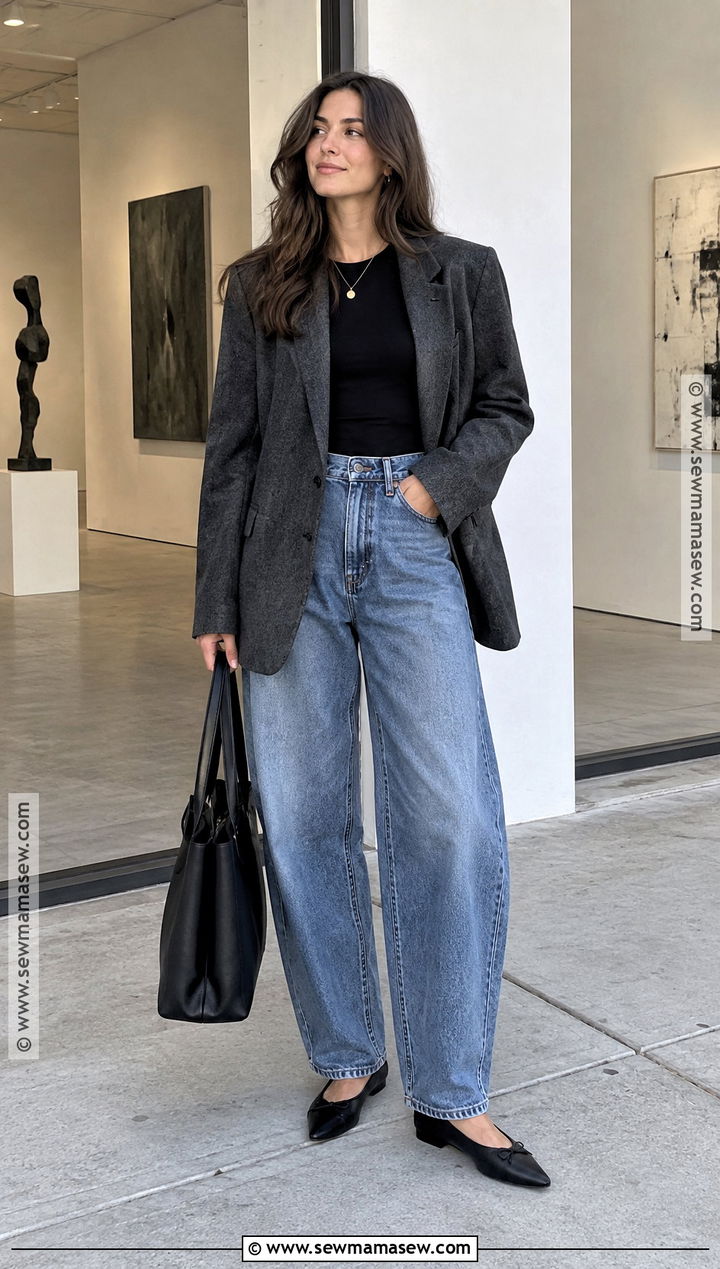 High Waisted Barrel Jeans And Oversized Blazer - 15 High Waisted Fall Outfits