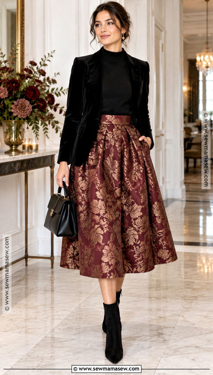 High Waisted Brocade Midi Skirt Outfit - 15 high waisted fall skirts