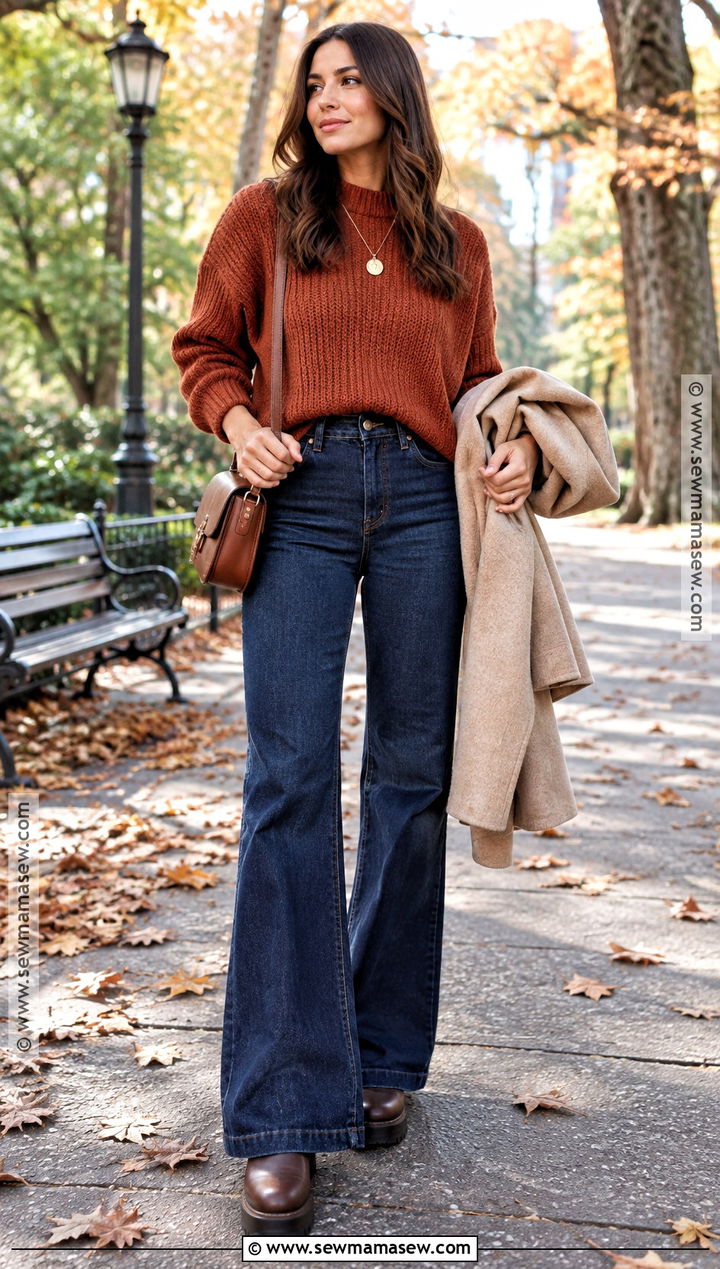 High Waisted Flare Jeans With Chunky Sweater And Boots - 25 flare jeans outfit fall