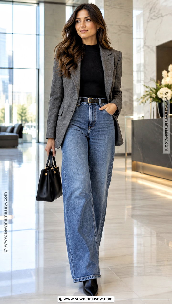 High Waisted Jeans With Belted Blazer - 25 fall jeans