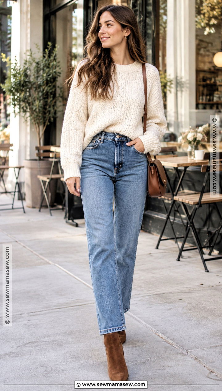 High Waisted Jeans With Chunky Sweater - 20 high waisted jeans outfit fall