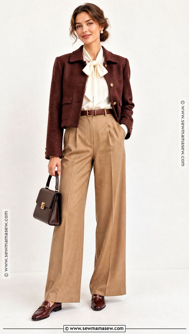 High Waisted Trousers And Bow Blouse Autumn Outfit - 25 autumn aesthetic outfit vintage ideas