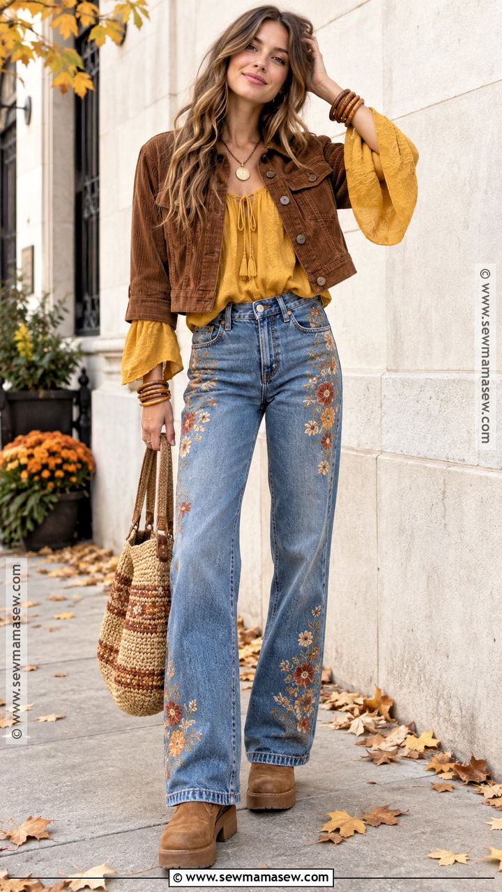 Hippie Autumn Embroidered Jeans Outfit - 20 Hippie Autumn Outfit Ideas