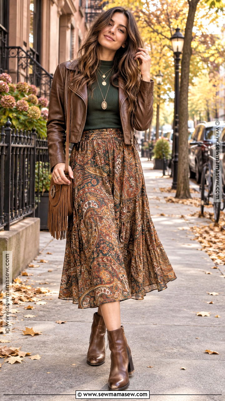 Hippie Autumn Midi Skirt And Leather Jacket Outfit - 20 Hippie Autumn Outfit Ideas