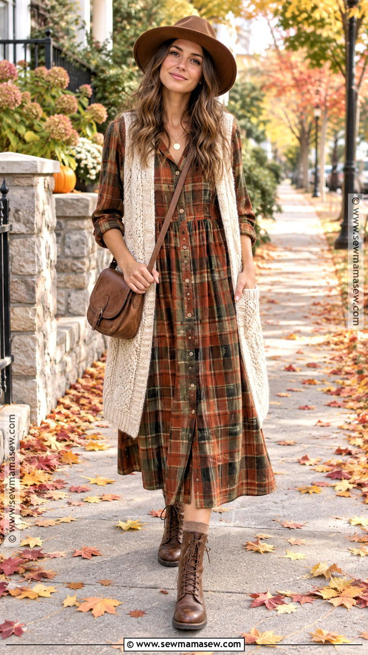 Hippie Autumn Plaid Dress Outfit - 20 Hippie Autumn Outfit Ideas