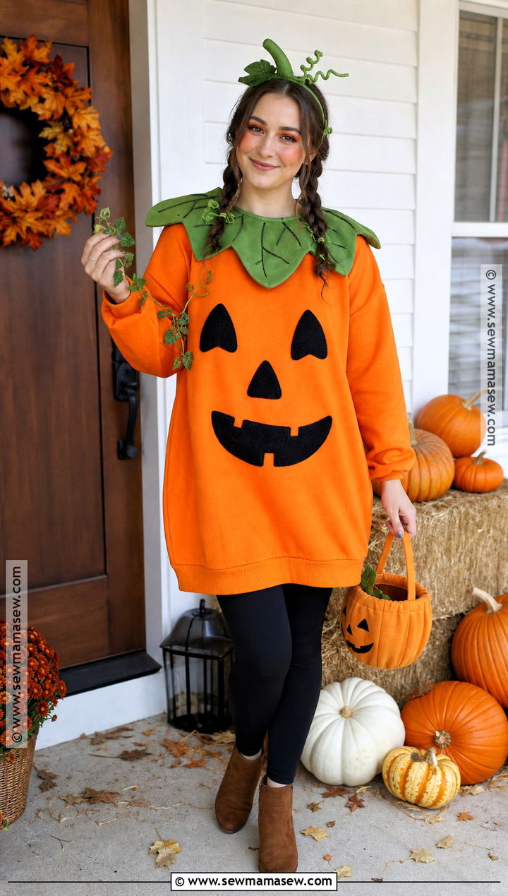 Homemade Pumpkin Costume With Felt Leaves - 35 Home Made Halloween Costumes