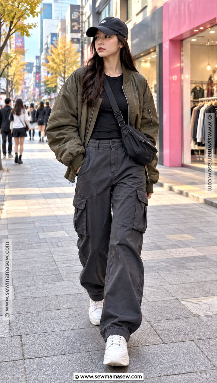 Hongdae October Bomber Jacket And Cargo Pants Outfit - 15 south korea october outfit ideas
