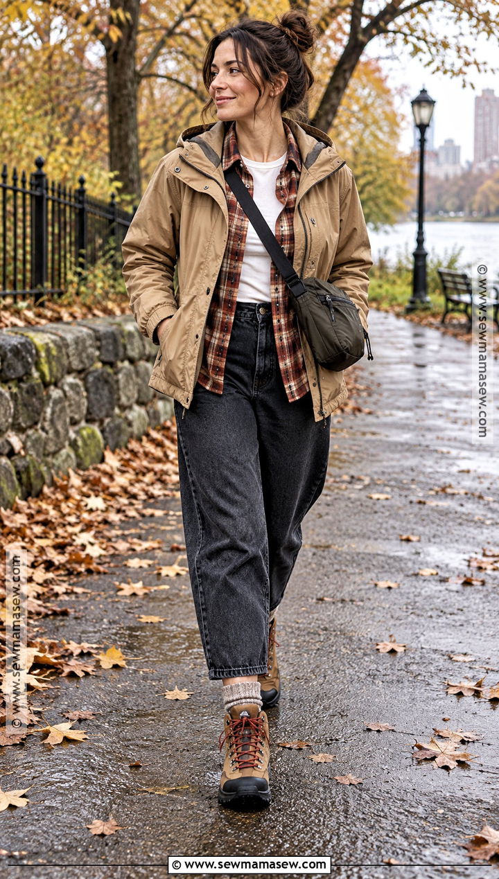 Hooded Anorak With Flannel Shirt And Barrel Jeans - 15 fall outfits for rainy days