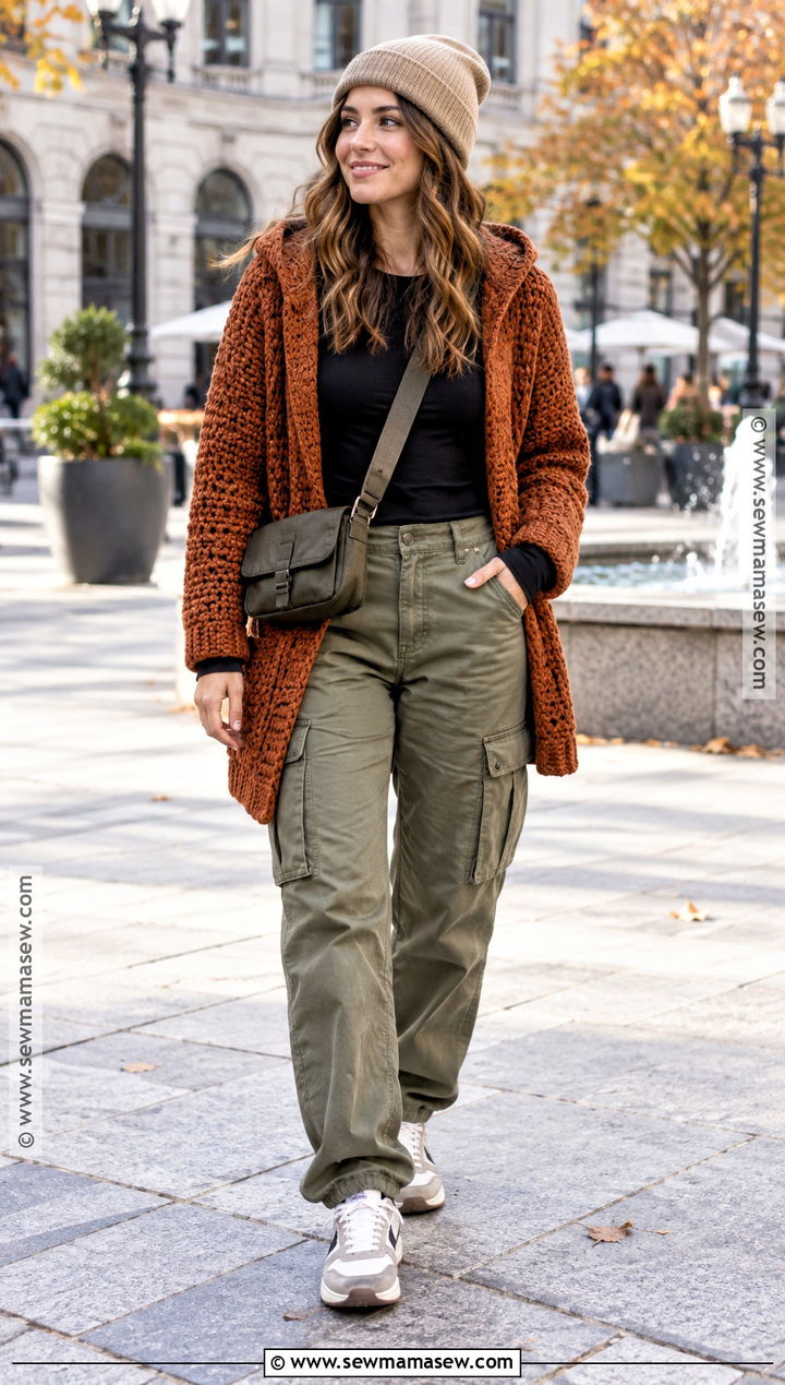 Hooded Crochet Cardigan With Cargo Pants - 15 Crochet Cardigan Fall Fashion Ideas