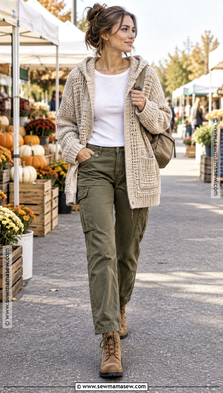 Hooded Crochet Cardigan With Cargo Pants - 20 fall crochet cardigan ideas