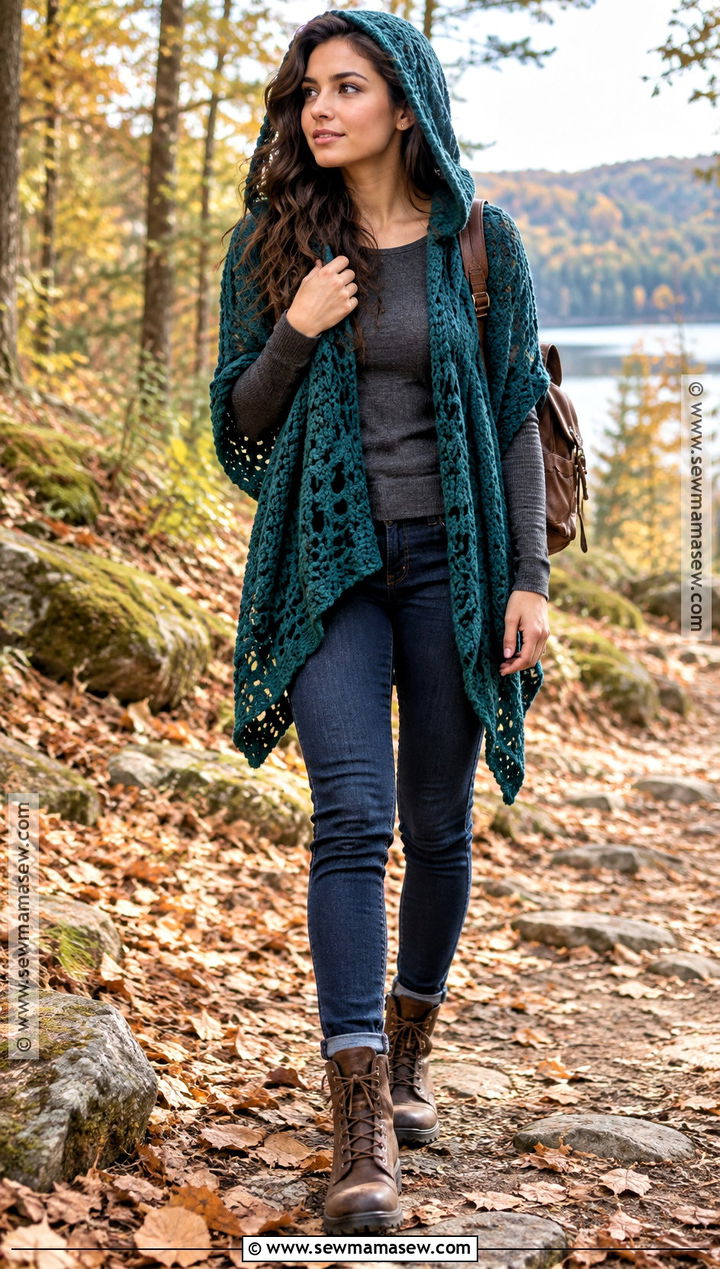 Hooded Crochet Shawl With Skinny Jeans - 15 Fall Crochet Shawl Ideas