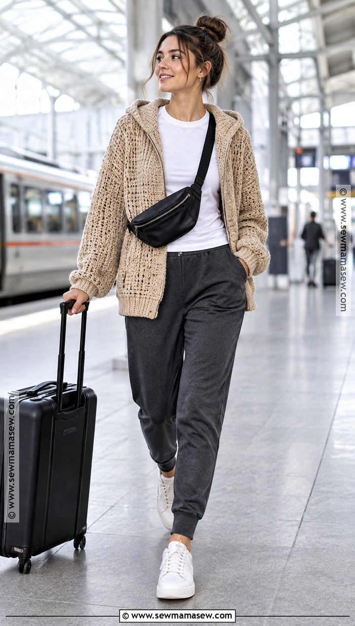 Hooded Crochet Sweater With Joggers And Sneakers - 15 Autumn Crochet Sweater Ideas