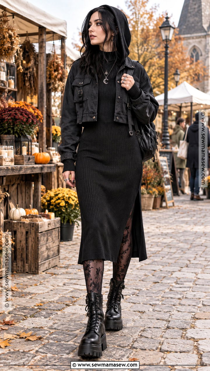 Hooded Dress And Chunky Boots Autumn Goth Outfit - 20 autumn goth outfits