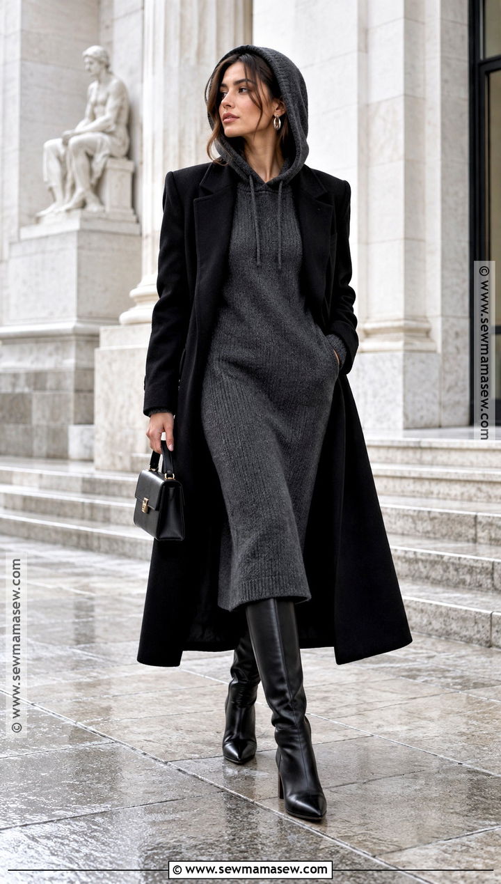 Hooded Dress With Long Wool Coat Outfit - 15 Fall Winter Fashion Outfits 2026