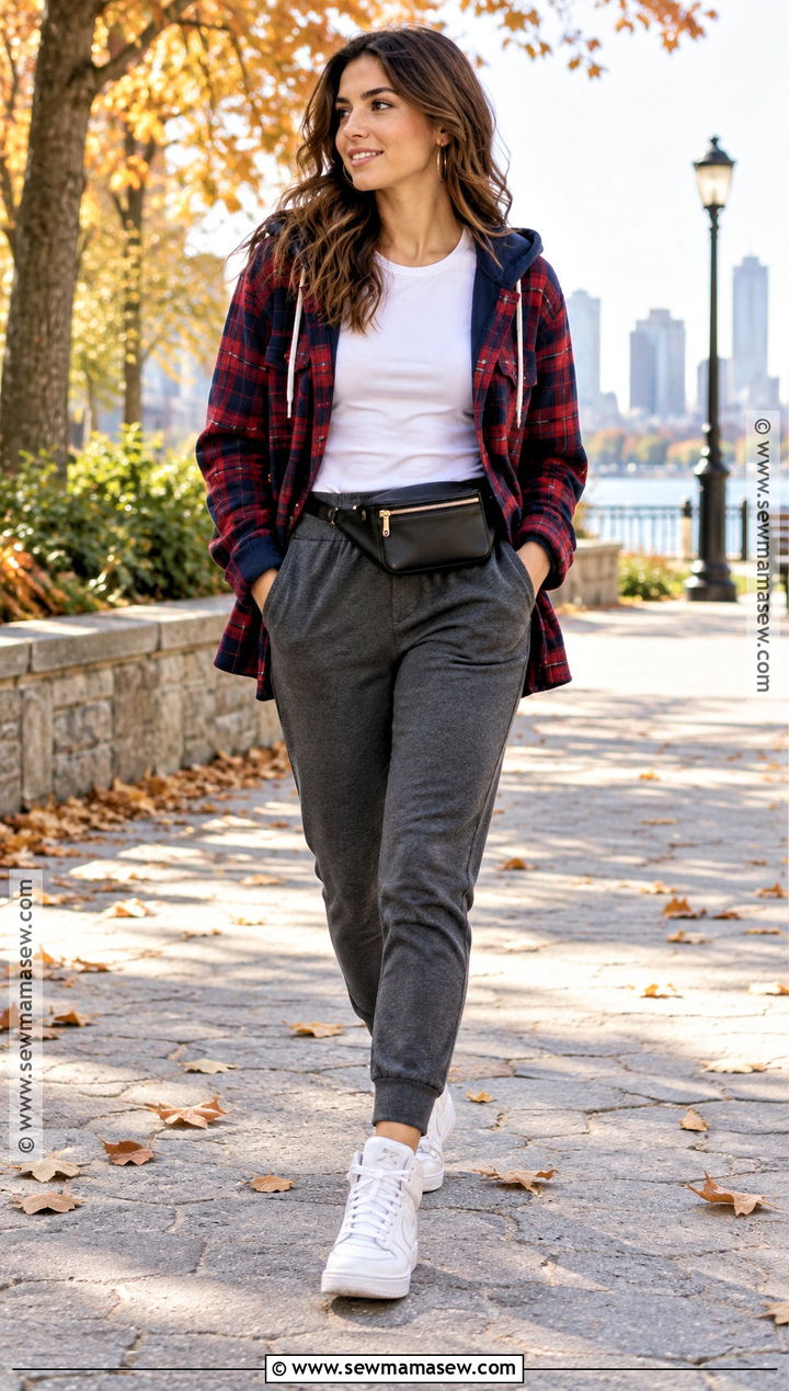 Hooded Flannel With Joggers And High Top Sneakers - 15 Fall Flannels for Women