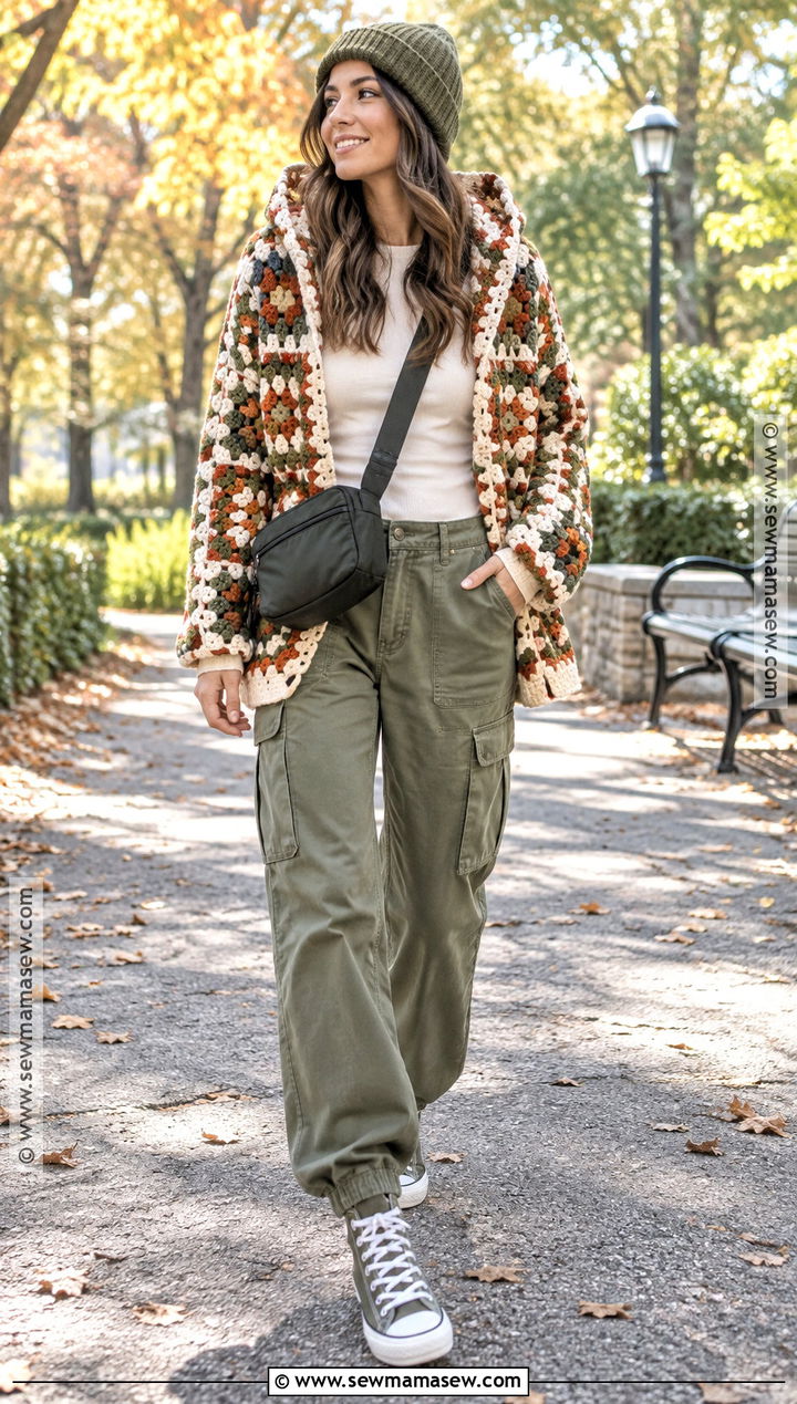 Hooded Granny Square Cardigan With Cargo Pants - 15 Crochet Fall Granny Square Cardigan Ideas