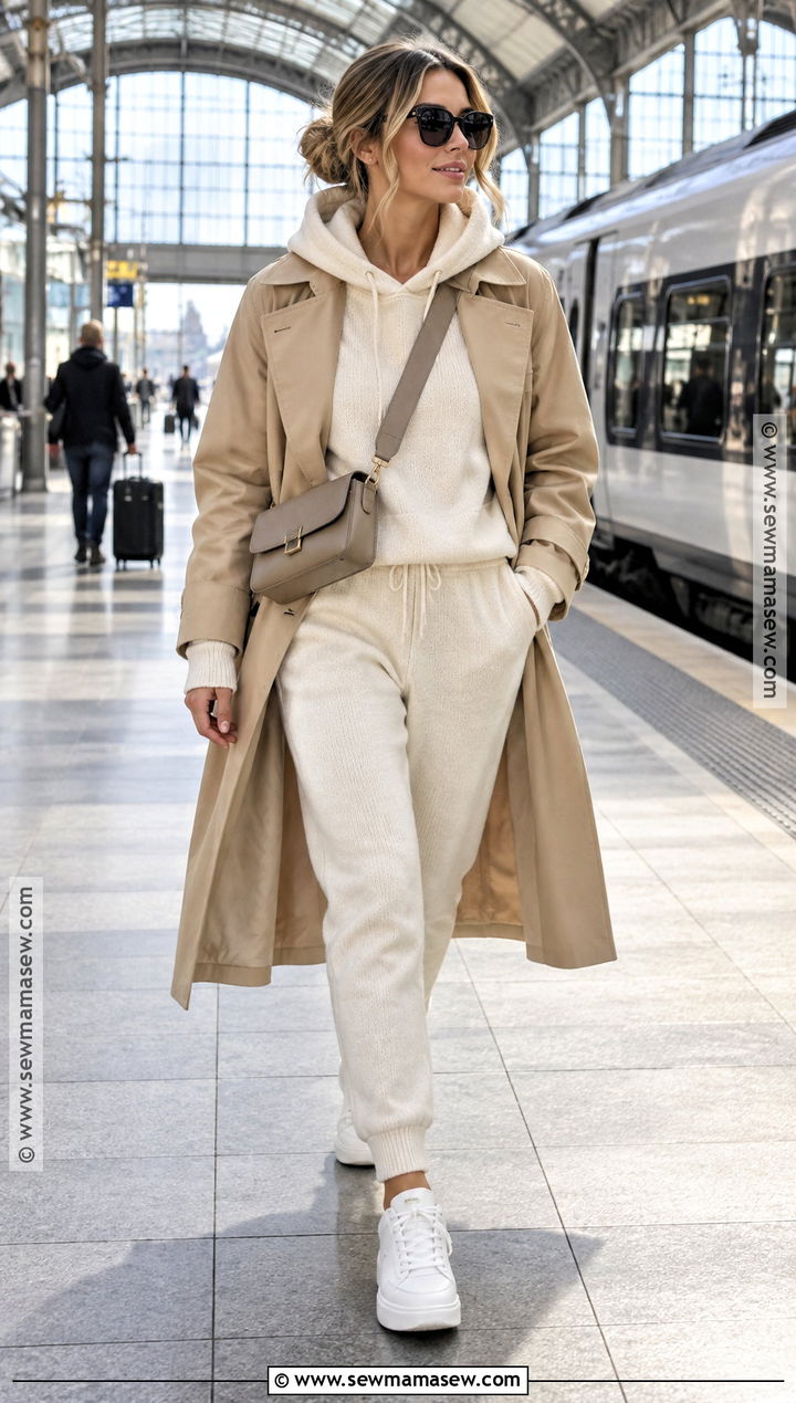 Hooded Jumper With Joggers and Trench Coat - 20 fall jumper ideas
