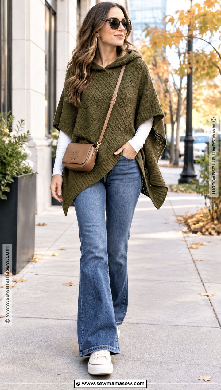 Hooded Knit Poncho With Flare Jeans And Sneakers - 15 Knit Poncho Fall Fashion Ideas