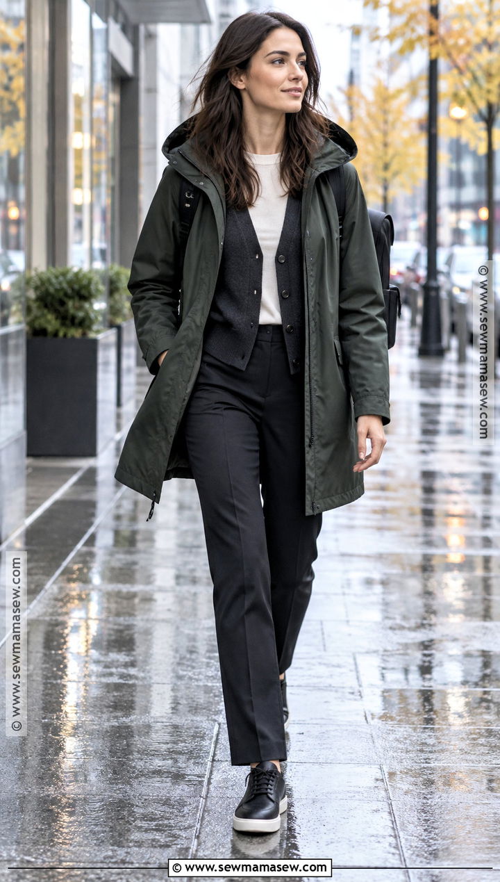 Hooded Parka And Tailored Pants Work Outfit - 20 Fall Rainy Day Outfits Work
