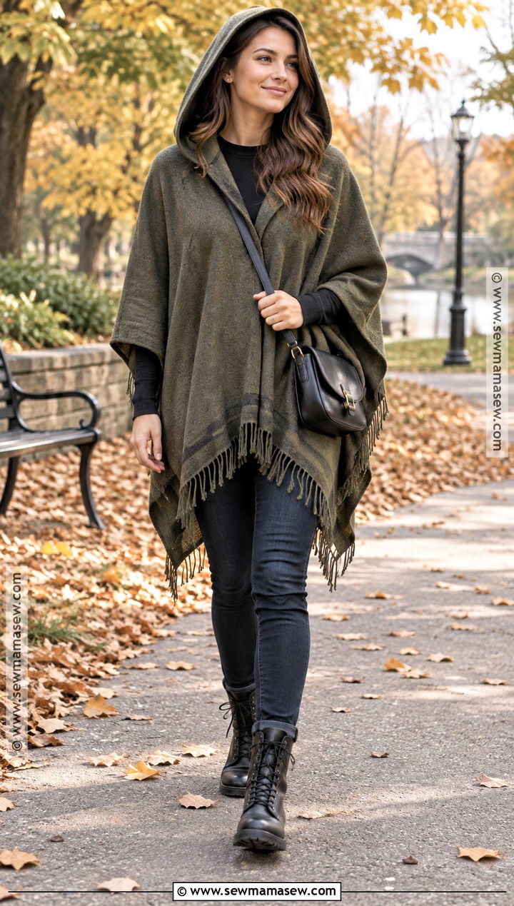 Hooded Poncho With Skinny Jeans - 20 fall poncho outfits