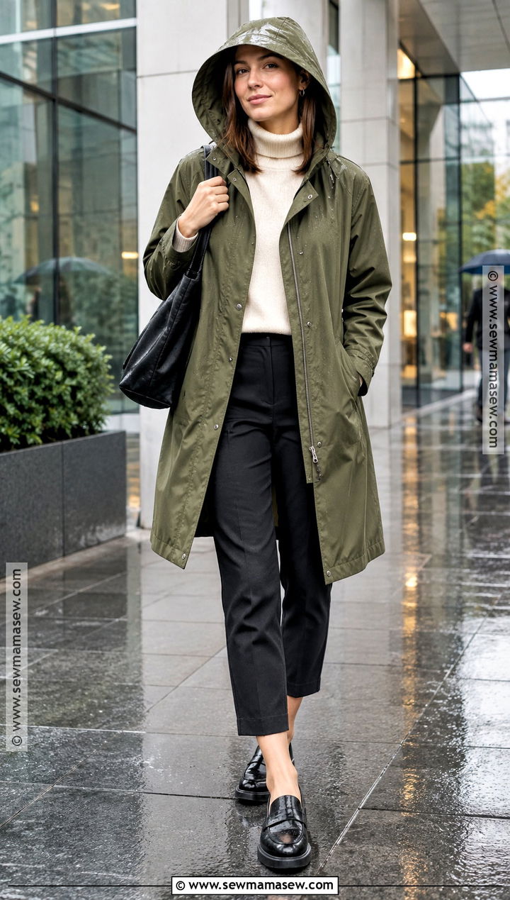 Hooded Raincoat And Cropped Trousers Fall Outfit - 20 fall outfits rainy day