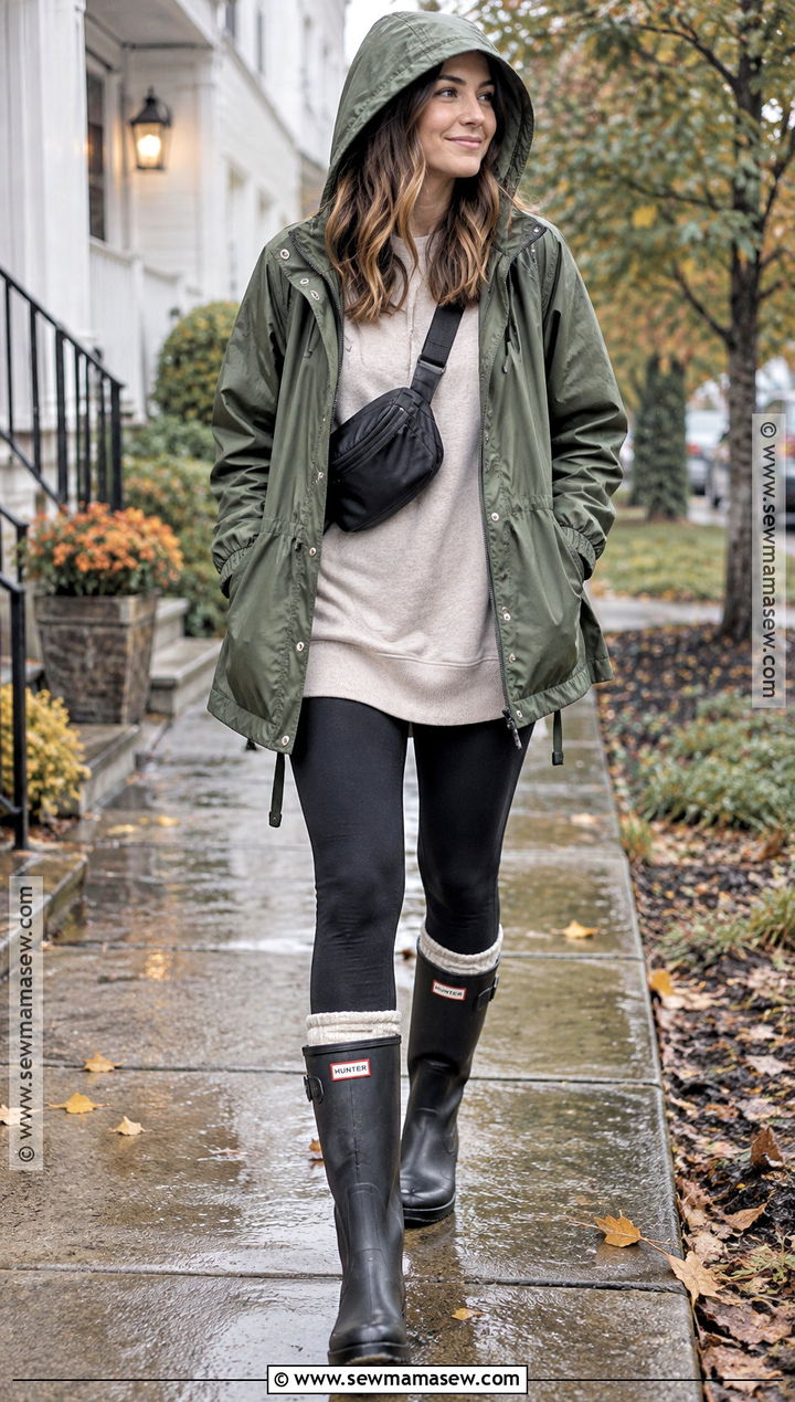 Hooded Raincoat And Leggings Outfit - 15 fall rainy day outfits comfy