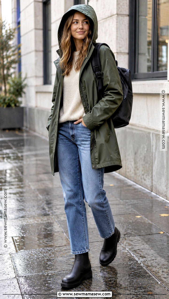 Hooded Raincoat And Straight Leg Jeans Autumn Outfit - 20 rainy day autumn outfit ideas
