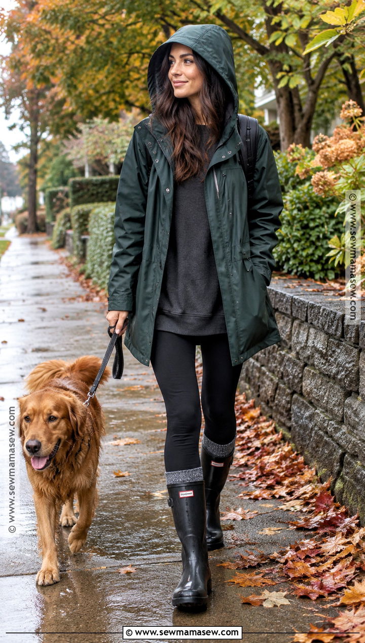Hooded Raincoat With Leggings And Rain Boots - 15 cozy fall outfits casual rainy day