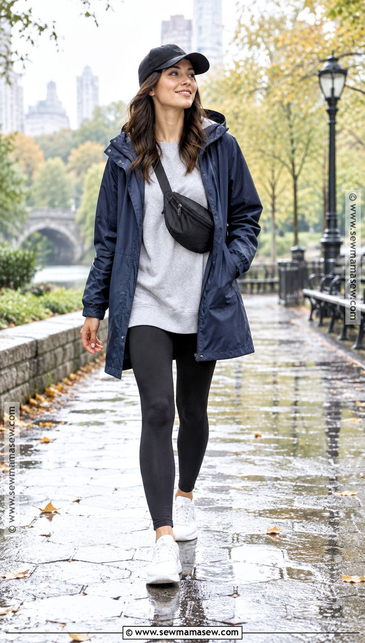 Hooded Raincoat With Leggings And Waterproof Sneakers - 15 comfy rainy day outfit fall ideas