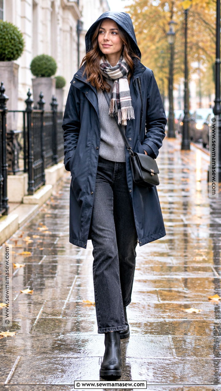 Hooded Raincoat With Sweater And Jeans - 25 autumn coat outfit ideas