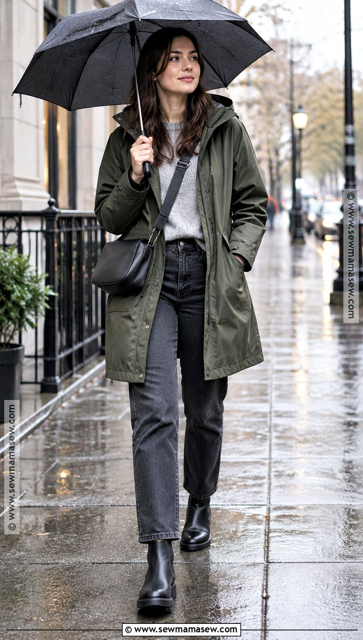 Hooded Raincoat With Sweater And Jeans - 20 fall coat outfits