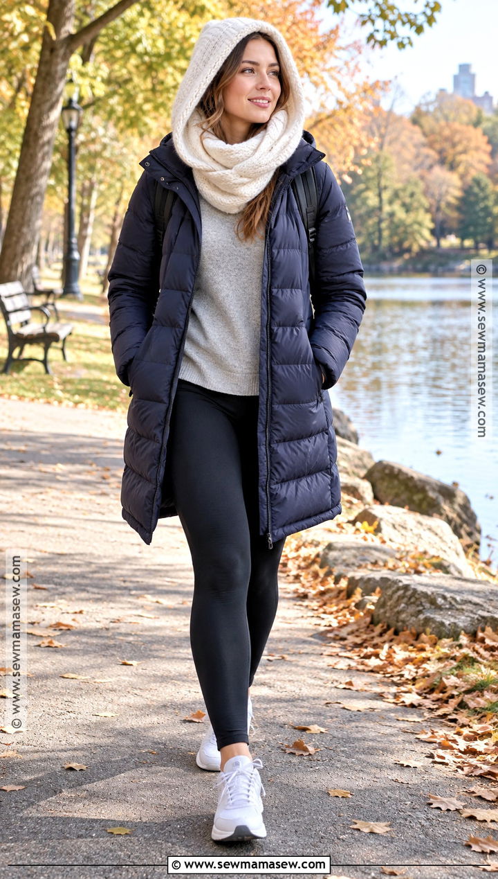 Hooded Scarf With Puffer Jacket Leggings And Sneakers - 20 autumn scarf outfit ideas
