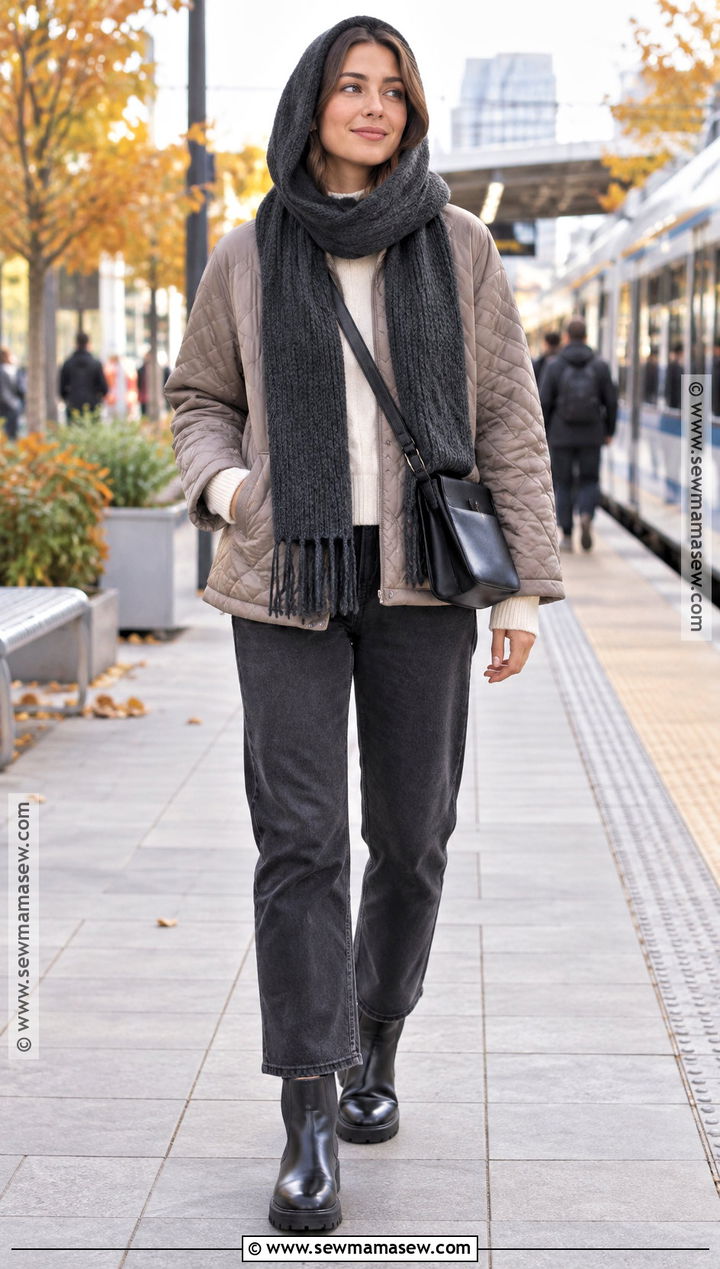 Hooded Scarf With Quilted Jacket And Straight Leg Pants - 25 autumn scarf ideas